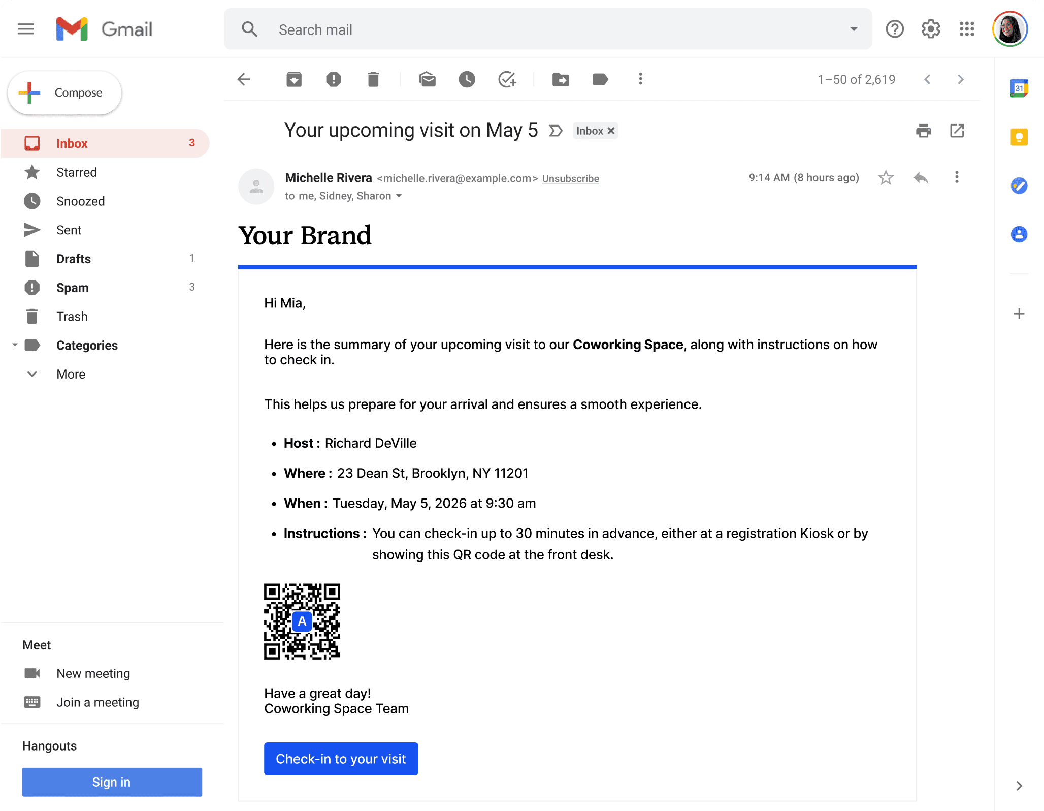 Archie software interface showing a registration confirmation with instructions and WiFi details for a visitor.